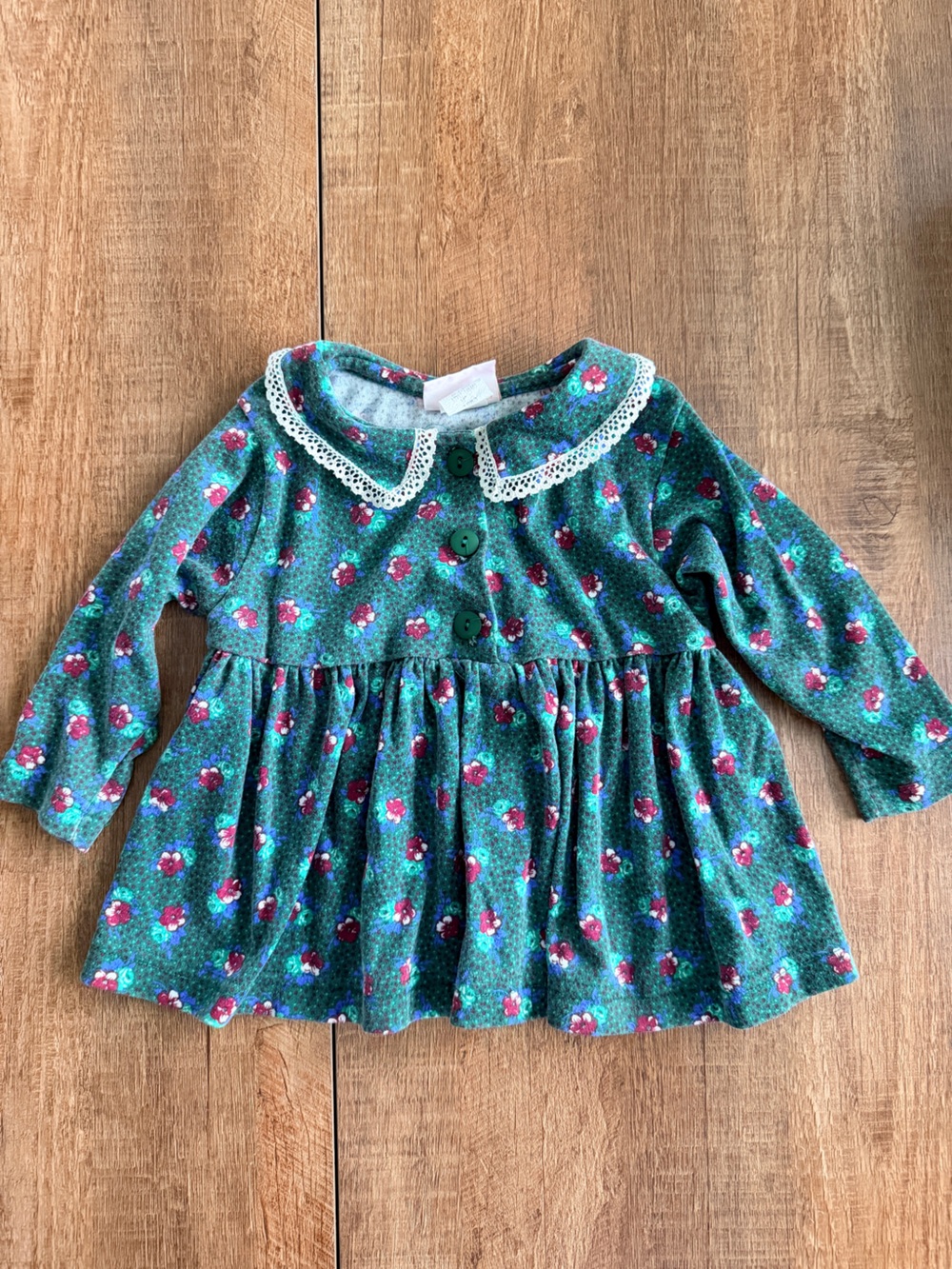 Green Floral Long-Sleeve Dress with Lace Collar